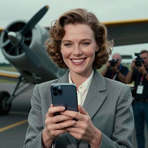 Photograph of a smiling woman with curly brown hair, wearing a gray blazer, holding a black smartphone, in front of a vintage aircraft, with