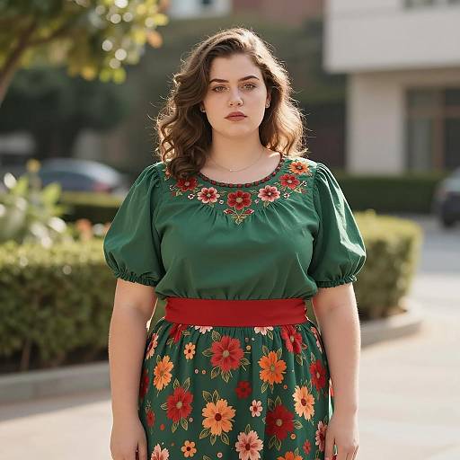 Young Woman in Green Floral Outfit Outdoors