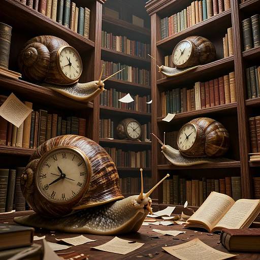 Surreal Cyberpunk Library with Clock Snails