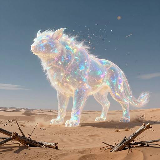 Photorealistic CGI of a luminous, iridescent wolf standing in a desert, glowing with rainbow-like light, surrounded by clear blue sky and
