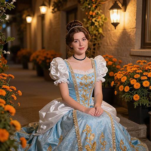 Cinderella-Inspired Woman in Lantern-Lit Alley