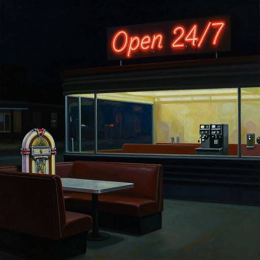 Photograph of a dimly-lit diner at night, featuring red neon 
