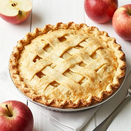 Photograph of a golden-brown apple pie with a crisscross lattice top, surrounded by red apples on a white wooden surface.