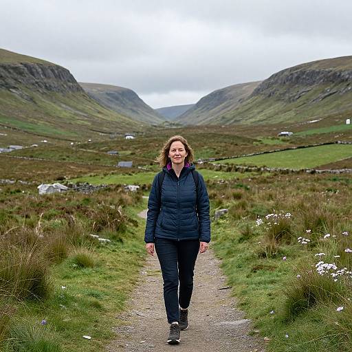 Photograph of a smiling woman with curly brown hair, wearing a black puffer jacket and pants, walking on a dirt path through a green, mountain