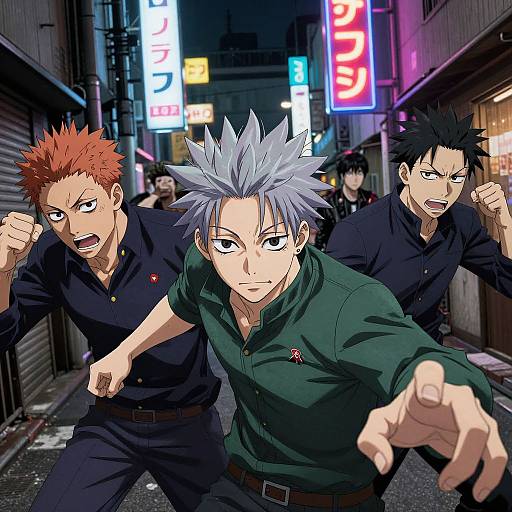 Anime-style digital artwork of three intense, spiky-haired men in dark shirts, running through a neon-lit urban alley at night. Foreground man