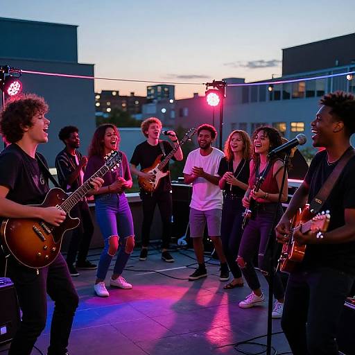 Photograph of a diverse group of young musicians performing on a rooftop at sunset, illuminated by colorful stage lights, playing guitars and singing passionately. Urban buildings