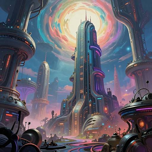 Digital art of a vibrant, futuristic cityscape with glowing skyscrapers, a radiant sun-like orb in the sky, and colorful neon lights. Cyber