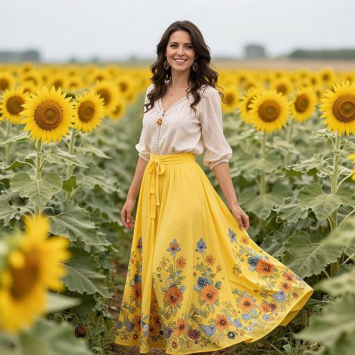 Photograph of a smiling woman with long dark hair, wearing a white blouse and yellow floral skirt, standing in a sunflower field. Bright yellow sun