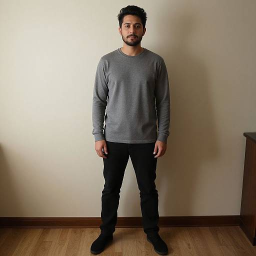 Photograph of a bearded man with short black hair, wearing a gray long-sleeve shirt, black pants, and black shoes, standing against