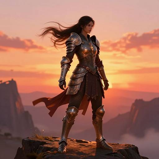 Digital art of a strong, armored woman with long brown hair standing on a cliff at sunset, wearing silver armor and a red cloak, with mountains in