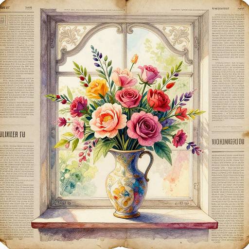 Digital painting of a colorful floral bouquet in a decorative vase on a window sill, with sunlight streaming through an ornate window. Vintage newspaper edges frame the