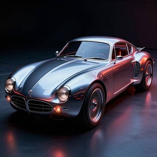 Photorealistic CGI of a sleek, silver classic sports car with glowing red accents, illuminated headlights, and chrome wheels, set against a dark, reflective