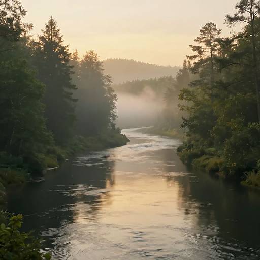 Photograph of a misty river at sunrise, surrounded by tall evergreen trees, with golden light reflecting on the calm water.