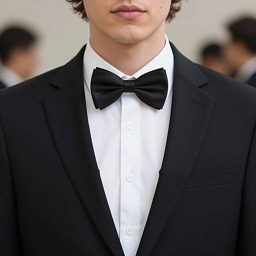 Photograph of a young man from the neck down, wearing a black tuxedo with a white shirt and black bow tie, blurred background with ind
