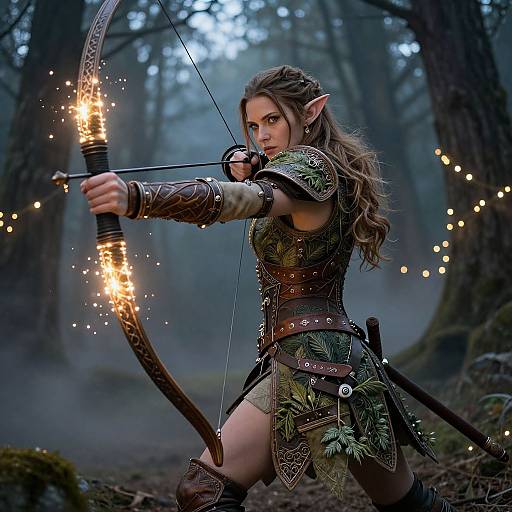 Digital fantasy artwork of a fierce, elfish archer with long brown hair, pointed ears, and green armor, drawing a glowing bow in a fog