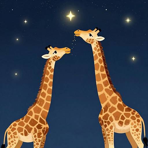 Digital illustration of two giraffes with orange and brown spotted patterns, gazing at a starry night sky, with a deep blue background.