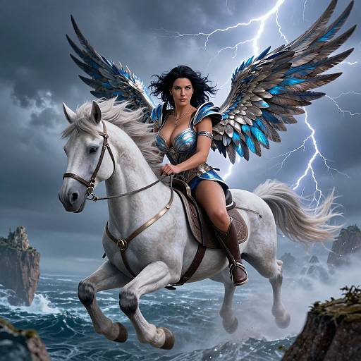 Digital fantasy artwork: fierce winged warrior woman with dark hair and blue feathered wings rides a white horse, surrounded by lightning and stormy sea.