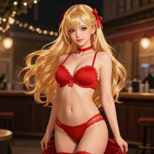 Digital anime-style drawing of a blonde woman with long hair, wearing red lace lingerie, red choker, and red earrings, in a dimly lit