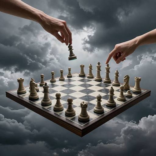 Photograph of floating chessboard with white and black pieces, two hands moving pieces against dramatic cloudy sky and bright sun.