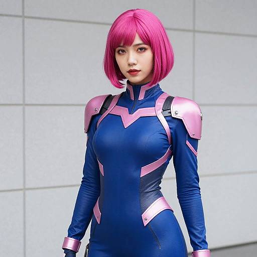 Photograph of an Asian woman with bright pink bob haircut, wearing a blue and pink armored bodysuit, standing in front of a white tiled wall