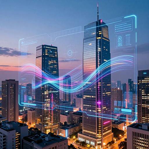 Photograph of a city skyline at dusk, featuring illuminated skyscrapers with neon blue and purple digital overlays, creating futuristic wave patterns.