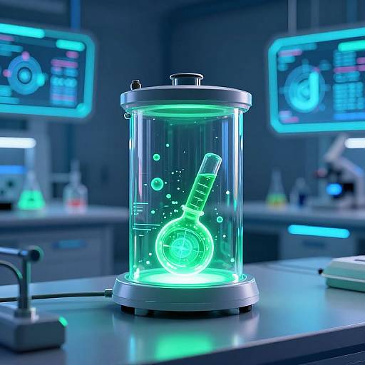 Photorealistic CGI of a glowing green test tube with a luminescent liquid inside a transparent cylindrical container on a futuristic lab bench, surrounded by blue