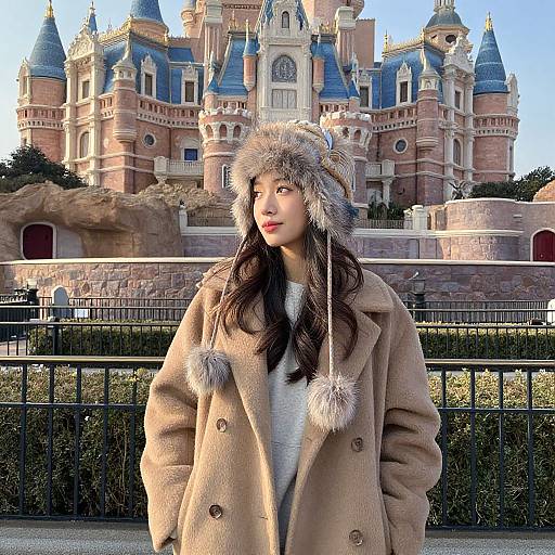 Asian woman in fluffy hat and beige coat stands in front of Disney castle, sunlight highlighting her serene expression. Photorealistic photograph.