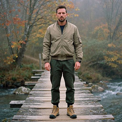 Photograph of a bearded man in a beige jacket and green pants standing on a wooden bridge in a misty, autumn forest.
