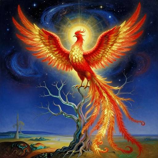 Vibrant digital painting of a fiery red phoenix with outstretched wings perched on a twisted, glowing tree against a starry, moonlit