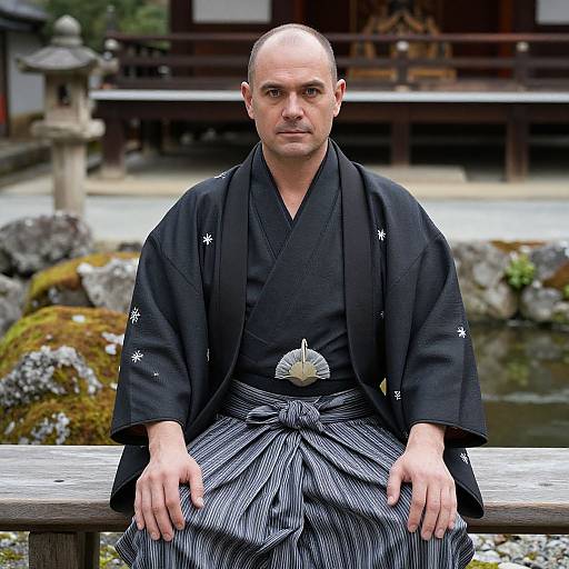 Man in Traditional Kimono at Japanese Temple