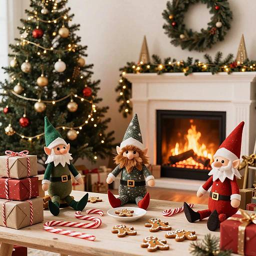Photograph of three festive elf dolls with green and red hats, sitting around a Christmas tree and lit fireplace, surrounded by gifts and cookies on a wooden