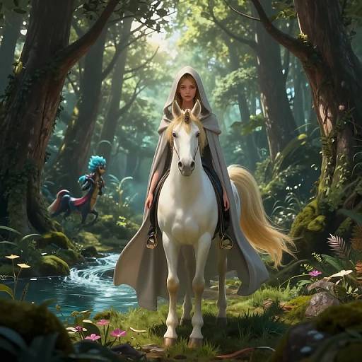 Digital fantasy artwork of a woman in a hooded grey cloak, standing beside a white unicorn in a lush forest, with sunlight filtering through trees and a