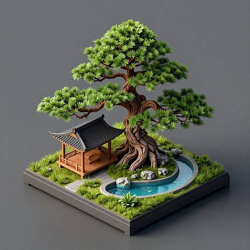 Isometric 3D Bonsai Tree Scene
