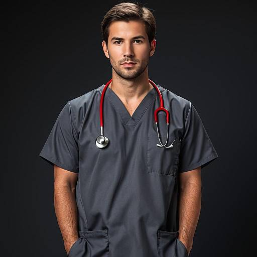 Male Doctor in Grey Medical Scrubs with Red Stethoscope