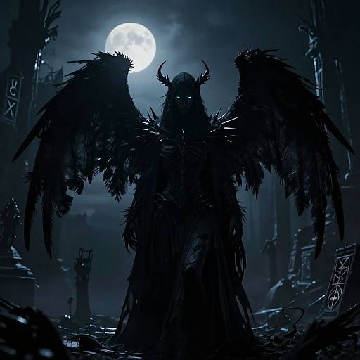 Digital artwork of a dark, silhouetted demon with large, feathered wings and horns, standing under a full moon in a ruined, blue