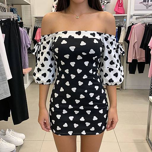 Photograph of a woman in a black and white heart-patterned off-the-shoulder mini dress, standing in a brightly lit clothing store with various