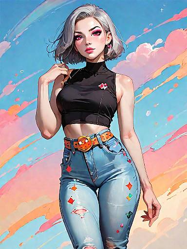 Stylish woman in sleeveless top and denim jeans