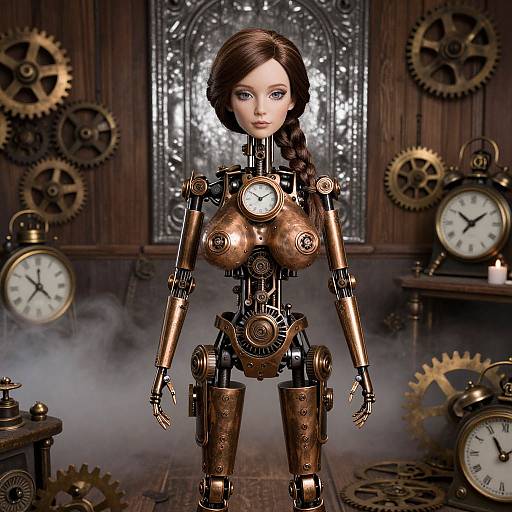 Photorealistic CGI of a female clockwork robot with copper gears, blue eyes, and brown hair in a braid, standing in a steamp