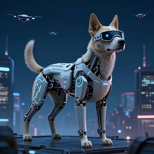 CGI image of a cybernetic dog with glowing blue lights, wearing a virtual reality headset, standing in a futuristic cityscape with neon lights and