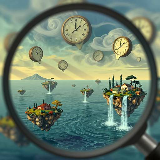 Fantasy seascape with floating islands, waterfalls, houses, and clocks in the sky, viewed through a magnifying glass lens. Digital art.