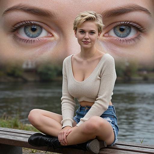 Photograph of a blonde woman with short hair, wearing a white crop top and denim shorts, sitting on a wooden bench by a river. Large,
