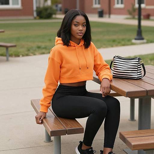 Young Woman in Park with Orange Hoodie