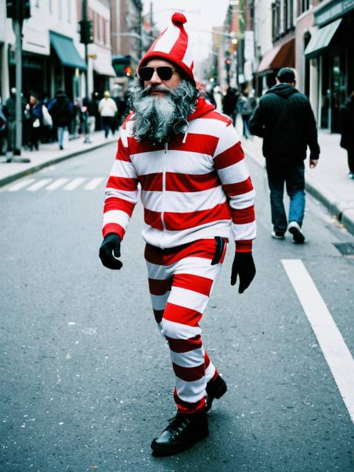 Man in Waldo Costume Walking on City Street