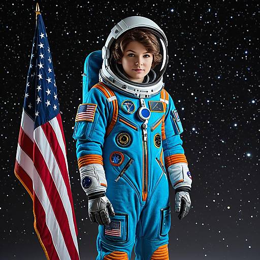 Young Astronaut in Blue Space Suit with American Flag