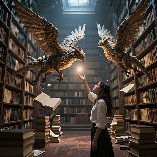 Photograph-style digital art: Curly-haired woman in white blouse and black skirt reaches up to golden, winged phoenix in dim, book-filled library