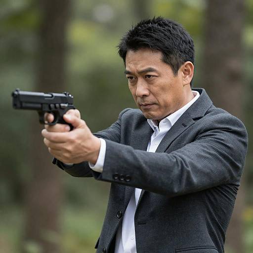 Focused Man Aiming Handgun in Forest