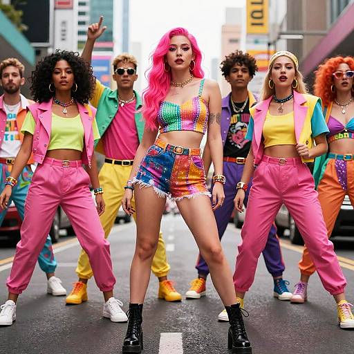 Photograph of vibrant, neon-clad group on city street; central pink-haired woman in colorful crop top and shorts, surrounded by diverse friends in bold