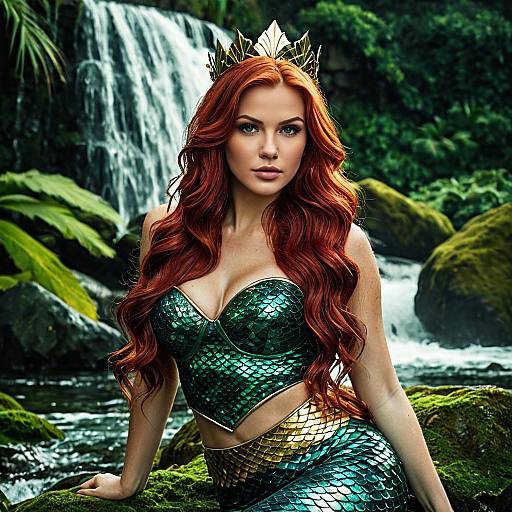 Red-haired Mermaid by Waterfall