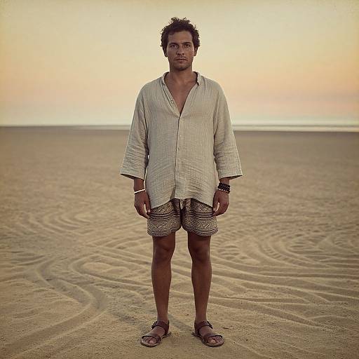 Photograph of a man with short curly hair, light brown skin, wearing a loose white shirt, patterned shorts, and sandals, standing on a