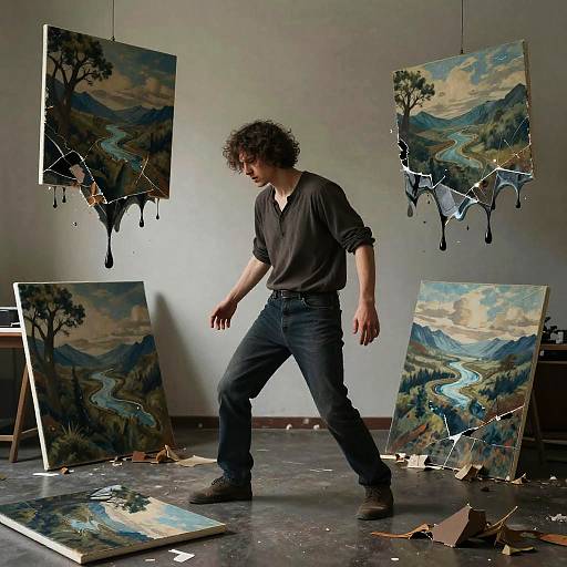 Photograph of a curly-haired man in black shirt and jeans, standing among broken, landscape paintings with a river and tree motif, in a dimly